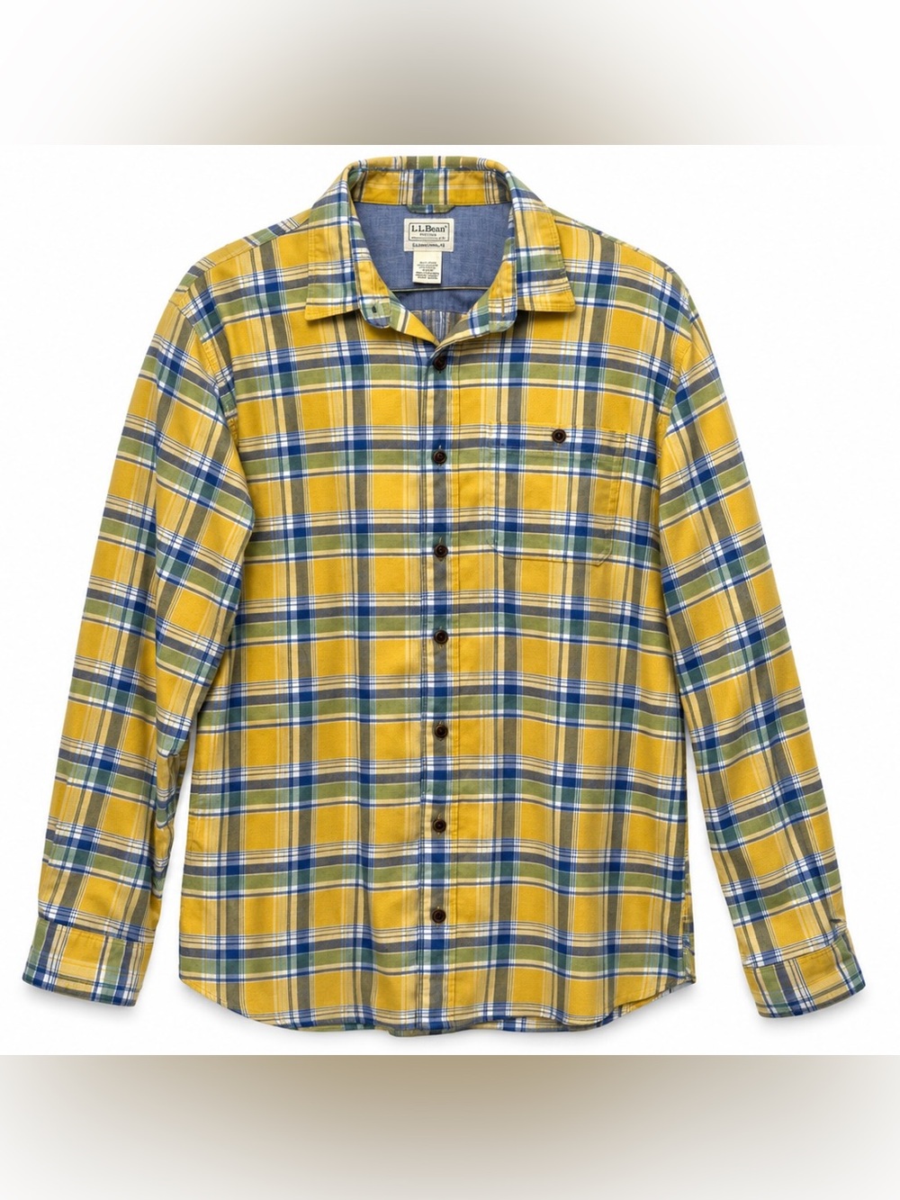 L.L.Bean Men’s Large Tall Yellow Blue Plaid Flannel Shirt Traditional Fit